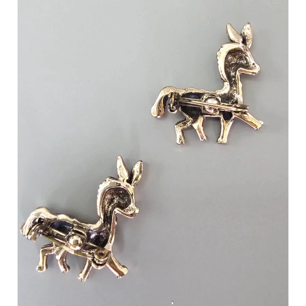 Vintage Donkey Figural Brooch Pin Matched Pair Red Rhinestone Eye MCM Set